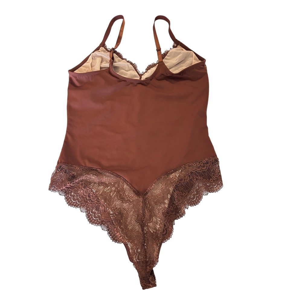 Brown Lace Trim V-Neck Bodysuit Adjustable Straps XXL Thong Back Stretch - Picture 2 of 5
